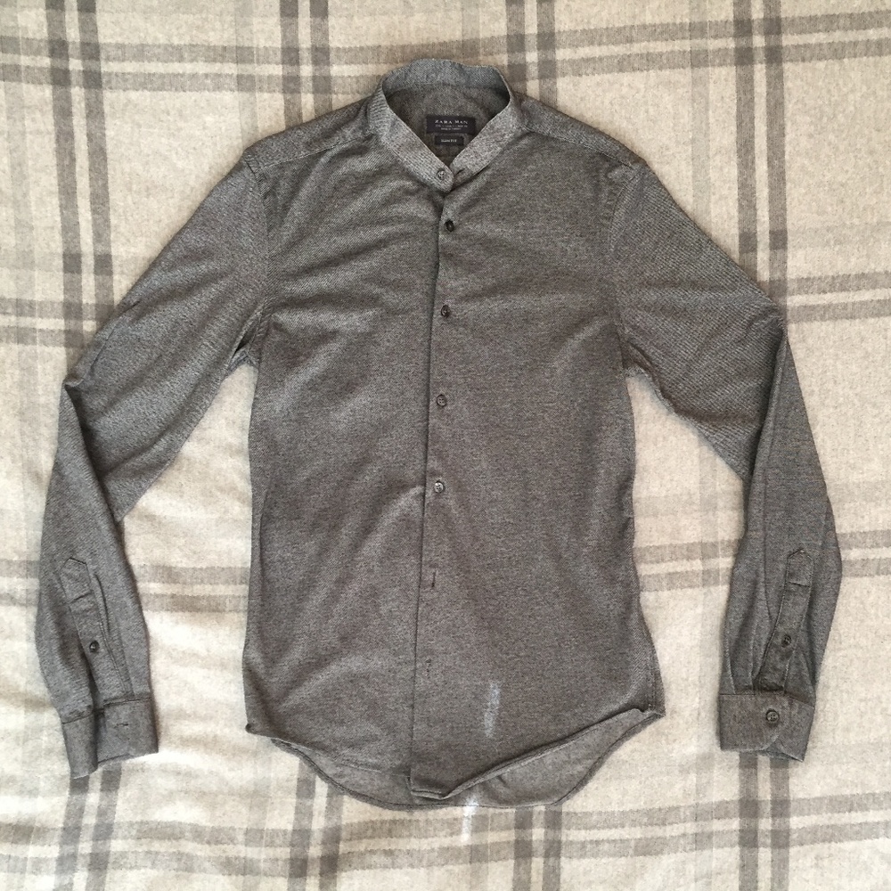Men's Zara Slim Collarless Gray Knit Dress Shirt